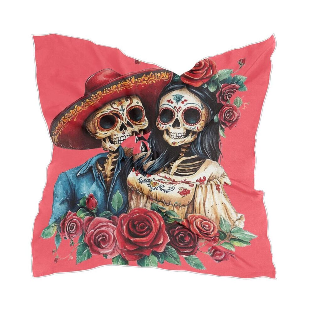 3852 Mexican Day Of The Dead Satin Square Head Scarves Silk Neck Scarf Hair